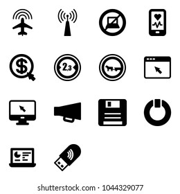 Solid vector icon set - plane radar vector, antenna, no computer sign, mobile heart monitor, money click, limited width road, cart horse, cursor browser, loudspeaker, save, standby, statistics