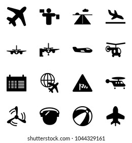 Solid vector icon set - plane vector, traffic controller, runway, arrival, boarding passengers, small, helicopter, schedule, globe, side wind road sign, mill, protect glass, beach ball, toy