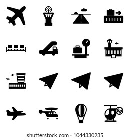 Solid vector icon set - plane vector, airport tower, runway, baggage, waiting area, trap truck, scales, building, paper, fly, helicopter, air balloon, toy