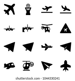 Solid vector icon set - plane vector, airport tower, departure, arrival, boarding passengers, helicopter, road sign, paper fly, toy