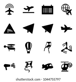 Solid vector icon set - plane radar vector, departure, schedule, globe, side wind road sign, paper fly, helicopter, air balloon, kite, mill, dryer, toy