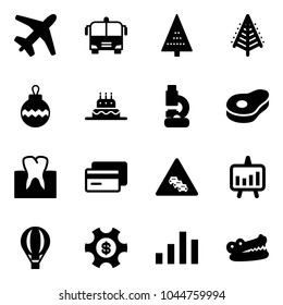 Solid vector icon set - plane vector, airport bus, christmas tree, ball, cake, lab, meat, tooth, credit card, multi lane traffic road sign, presentation chart, air balloon, money managemet