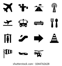 Solid vector icon set - plane vector, traffic controller, runway, antenna, departure, airport bus, spoon and fork, metal detector gate, escalator up, right arrow, road cone, side wind, small