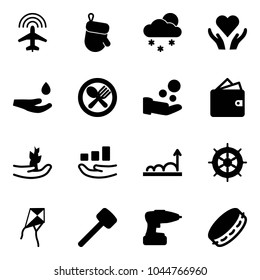 Solid vector icon set - plane radar vector, christmas glove, snowfall, heart care, drop hand, fork spoon plate, cash pay, wallet, sproute, growth, wheel, kite, rubber hammer, drill, tambourine