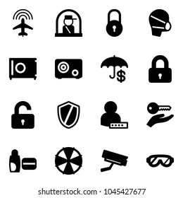 Solid vector icon set - plane radar vector, officer window, lock, medical mask, safe, insurance, locked, unlocked, shield, user password, key hand, uv cream, parasol, surveillance camera