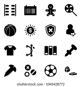 Solid vector icon set - plane seats vector, schedule, cake man, lollipop, basketball ball, dollar sun, shield cross, user login, t shirt, bezier, battery, nail dowel, screw, rivet, soccer