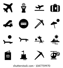 Solid vector icon set - plane vector, airport tower, departure, suitcase, trap truck, bus road sign, job, beach, lounger, palm, pyramid, passport, sand castle, axe, helicopter toy