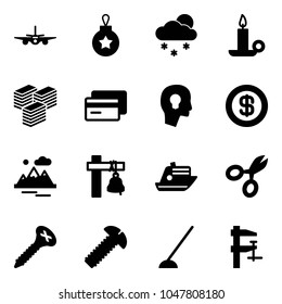 Solid vector icon set - plane vector, christmas ball, snowfall, candle, big cash, credit card, head bulb, dollar, mountains, ship bell, cruiser, scissors, screw, hoe, clamp