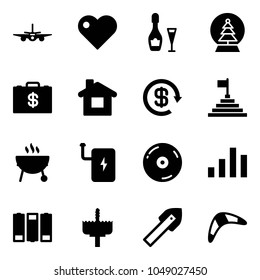 Solid vector icon set - plane vector, heart, wine, snowball tree, money case, home, dollar reload, pyramid flag, grill, power bank, cd, chart, battery, crown drill, tile, boomerang