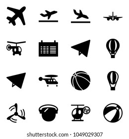 Solid vector icon set - plane vector, departure, arrival, helicopter, schedule, paper fly, air balloon, ball, wind mill, protect glass, toy, beach