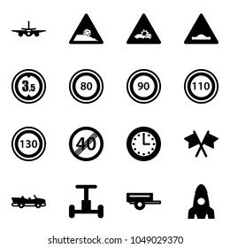 Solid vector icon set - plane vector, steep roadside road sign, car crash, artificial unevenness, limited height, speed limit 80, 90, 110, 130, end, time, flags cross, cabrio, gyroscope, trailer