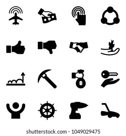 Solid vector icon set - plane radar vector, cash pay, hand cursor, social, like, dislike, agreement, sproute, growth, rock axe, rich, key, success, wheel, drill, lawn mower