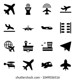 Solid vector icon set - plane vector, airport tower, radar, departure, arrival, small, seats, globe, building, paper fly, helicopter, toy
