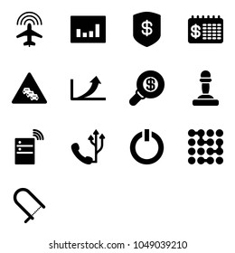 Solid vector icon set - plane radar vector, statistics, safe, finance calendar, multi lane traffic road sign, growth arrow, search money, pawn, server wireless, phone, standby button, circuit