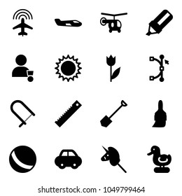 Solid vector icon set - plane radar vector, small, helicopter, highlight marker, winner, sun, tulip, bezier, fretsaw, ruler, shovel, brush, ball, car, toy unicorn stick, duck