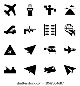 Solid vector icon set - plane vector, airport tower, traffic controller, runway, trap truck, boarding passengers, seats, globe, road sign, paper, helicopter, jointer, toy