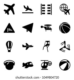 Solid vector icon set - plane vector, arrival, seats, globe, side wind road sign, paper fly, helicopter, ball, air balloon, kite, mill, protect glass, toy, beach