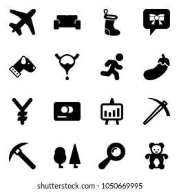 Solid vector icon set - plane vector, vip waiting area, christmas sock, bow message, dog, bladder, run, eggplant, yen, credit card, presentation chart, job, rock axe, forest, beanbag, bear toy