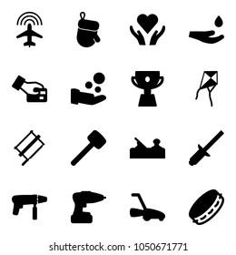 Solid vector icon set - plane radar vector, christmas glove, heart care, drop hand, card pay, cash, cup, kite, bucksaw, rubber hammer, jointer, clinch, drill machine, lawn mower, tambourine