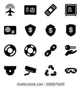 Solid vector icon set - plane radar vector, safe, medical patch, lifebuoy, link, key hand, surveillance camera, recycling, protective glasses