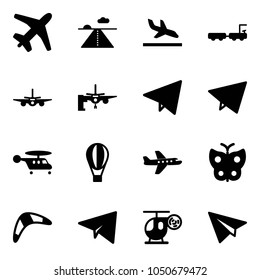 Solid vector icon set - plane vector, runway, arrival, baggage truck, boarding passengers, paper fly, helicopter, air balloon, butterfly, boomerang, toy