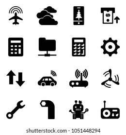 Solid vector icon set - plane radar vector, clouds, christmas mobile, atm, calculator, network folder, gear, up down arrows, car wireless, wi fi router, wind mill, wrench, allen key, robot, radio