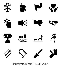 Solid vector icon set - plane radar vector, christmas glove, power hand, heart care, touch, volume max, dislike, agreement, cup, growth, kite, bucksaw, fretsaw, clinch, Angular grinder