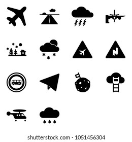 Solid vector icon set - plane vector, runway, storm, boarding passengers, christmas landscape, snowfall, airport road sign, abrupt turn right, no bus, paper fly, moon flag, cloud ladder, helicopter