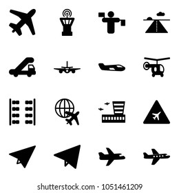 Solid vector icon set - plane vector, airport tower, traffic controller, runway, trap truck, small, helicopter, seats, globe, building, road sign, paper, fly