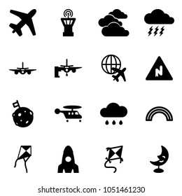 Solid vector icon set - plane vector, airport tower, clouds, storm, boarding passengers, globe, abrupt turn right road sign, moon flag, helicopter, rain cloud, rainbow, kite, rocket, lamp