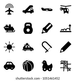 Solid vector icon set - plane radar vector, trap truck, small, helicopter, santa sleigh, weight, highlight marker, growth, sun, car baggage, fretsaw, pencil, basketball, toy duck, Tic tac toe