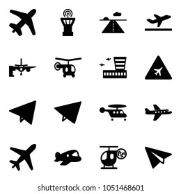 Solid vector icon set - plane vector, airport tower, runway, departure, boarding passengers, helicopter, building, road sign, paper fly, toy