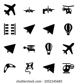 Solid vector icon set - plane vector, boarding passengers, helicopter, seats, paper, fly, air balloon, boomerang, kite, toy