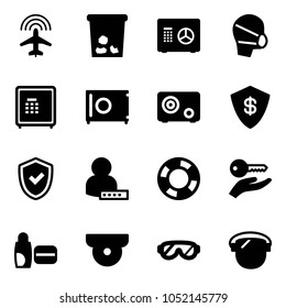 Solid vector icon set - plane radar vector, trash, safe, medical mask, shield check, user password, lifebuoy, key hand, uv cream, surveillance camera, protective glasses, protect glass