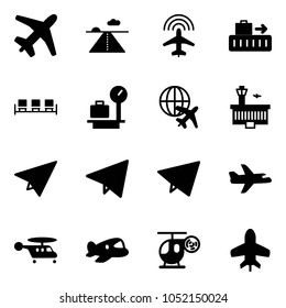 Solid vector icon set - plane vector, runway, radar, baggage, waiting area, scales, globe, airport building, paper, fly, helicopter, toy