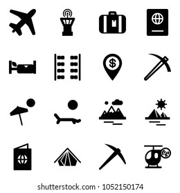 Solid vector icon set - plane vector, airport tower, suitcase, passport, hotel, seats, dollar pin, job, beach, lounger, mountains, pyramid, tent, axe, helicopter toy