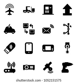 Solid vector icon set - plane radar vector, fork loader, atm, uplooad, electric car, data exchange, wireless mail, bezier, usb wi fi, mobile phone, game console, laser, router, projector, satellite