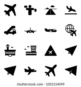 Solid vector icon set - plane vector, traffic controller, runway, arrival, trap truck, small, globe, airport building, road sign, paper, fly