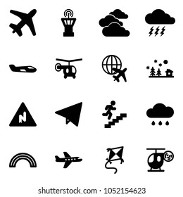 Solid vector icon set - plane vector, airport tower, clouds, storm, small, helicopter, globe, christmas landscape, abrupt turn right road sign, paper fly, career, rain cloud, rainbow, kite, toy