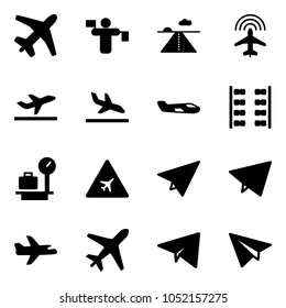 Solid vector icon set - plane vector, traffic controller, runway, radar, departure, arrival, small, seats, baggage scales, airport road sign, paper, fly