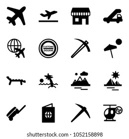 Solid vector icon set - plane vector, departure, duty free, trap truck, globe, customs road sign, job, beach, lounger, palm, mountains, pyramid, suitcase, passport, axe, helicopter toy