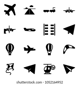 Solid vector icon set - plane vector, runway, baggage truck, boarding passengers, small, seats, paper fly, air balloon, boomerang, kite, helicopter toy