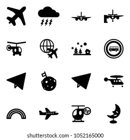 Solid vector icon set - plane vector, storm, boarding passengers, helicopter, globe, christmas landscape, no bus road sign, paper fly, moon flag, rainbow, toy, lamp