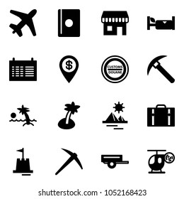 Solid vector icon set - plane vector, passport, duty free, hotel, schedule, dollar pin, customs road sign, rock axe, palm, pyramid, suitcase, sand castle, trailer, helicopter toy