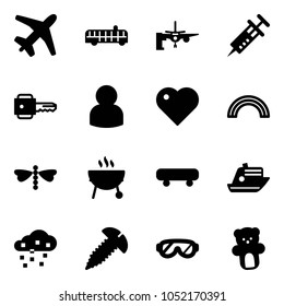 Solid vector icon set - plane vector, airport bus, boarding passengers, syringe, key, user, heart, rainbow, dragonfly, grill, skateboard, cruiser, snow, screw, protective glasses, bear toy