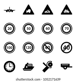 Solid vector icon set - plane vector, tractor way road sign, car crash, for moto, speed limit 20, 50, 60, 70, 100, 120, end minimal, time, cruiser, Angular grinder, trailer