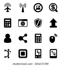 Solid vector icon set - plane radar vector, antenna, no computer sign, money click, calculator, browser globe, shield, uplooad, user, share, mouse wireless, bezier, cpu, game console