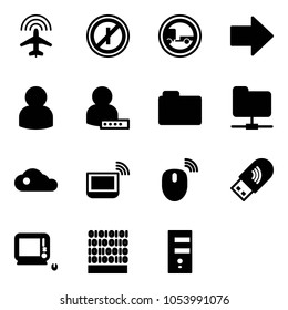 Solid vector icon set - plane radar vector, no parkin odd, trailer road sign, right arrow, user, password, folder, network, cloud, notebook wi fi, mouse wireless, usb, monoblock pc, binary code