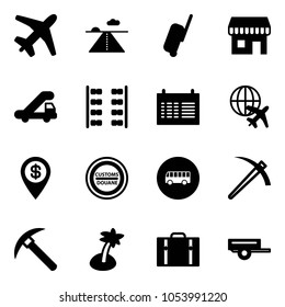 Solid vector icon set - plane vector, runway, suitcase, duty free, trap truck, seats, schedule, globe, dollar pin, customs road sign, bus, job, rock axe, palm, trailer