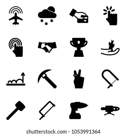 Solid vector icon set - plane radar vector, snowfall, card pay, hand touch, cursor, agreement, cup, sproute, growth, rock axe, victory, fretsaw, rubber hammer, metal hacksaw, drill, pipe welding